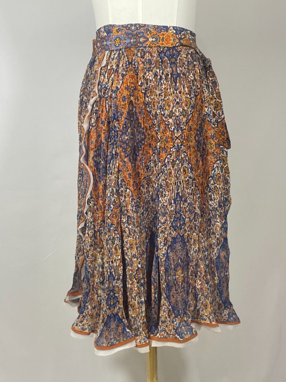 ✨ Tory Burch "Quincy" Orange/Blue Pleated Organza Silk Wrap Midi Skirt Size 2 ✨ - Picture 3 of 5
